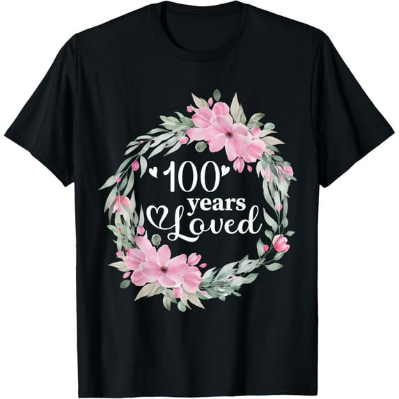 Floral 100 Years Old Bday Present Men Women 100th Birthday T-ShirtMen and women, Black T-shirt, size: Extra large