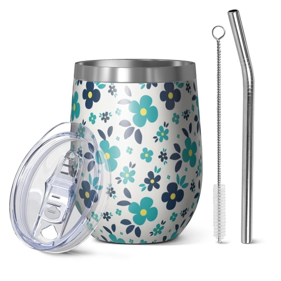 Floral 12oz Stainless Steel Insulated Wine Tumbler with Lid and Straw – Double Wall Vacuum Mug for Hot & Cold Drinks, 304 Steel Interior, Sweat-Free Design,Thanksgiving,Christmas, Spring,Flower