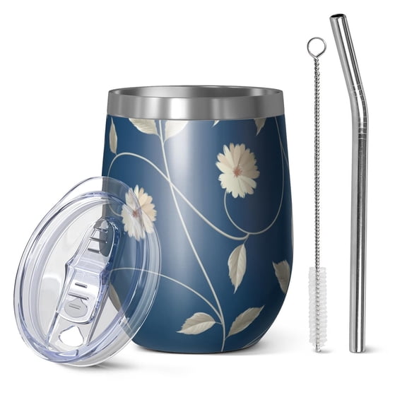 Floral 12oz Stainless Steel Insulated Wine Tumbler with Lid and Straw – Double Wall Vacuum Mug for Hot & Cold Drinks, 304 Steel Interior, Sweat-Free Design,Thanksgiving,Christmas, Spring,Flower