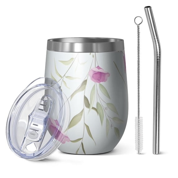 Floral 12oz Stainless Steel Insulated Wine Tumbler with Lid and Straw – Double Wall Vacuum Mug for Hot & Cold Drinks, 304 Steel Interior, Sweat-Free Design,Thanksgiving,Christmas, Spring,Flower