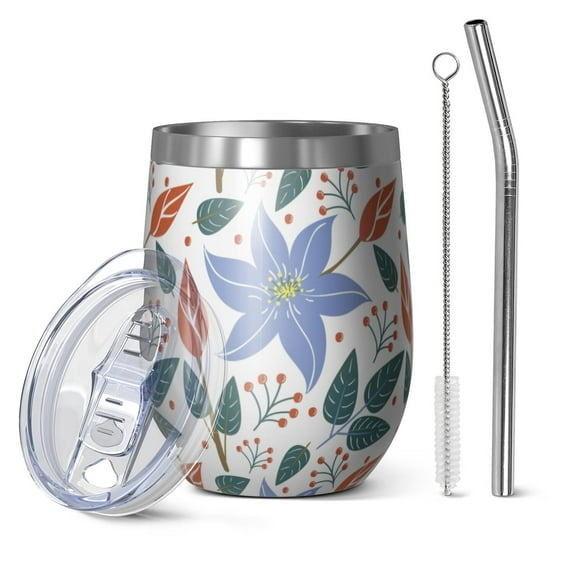 Floral 12oz Stainless Steel Insulated Wine Tumbler with Lid and Straw – Double Wall Vacuum Mug for Hot & Cold Drinks, 304 Steel Interior, Sweat-Free Design,Thanksgiving,Christmas, Spring,Flower
