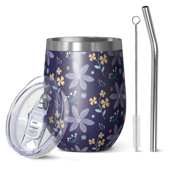 Floral 12oz Stainless Steel Insulated Wine Tumbler with Lid and Straw – Double Wall Vacuum Mug for Hot & Cold Drinks, 304 Steel Interior, Sweat-Free Design,Thanksgiving,Christmas, Spring,Flower