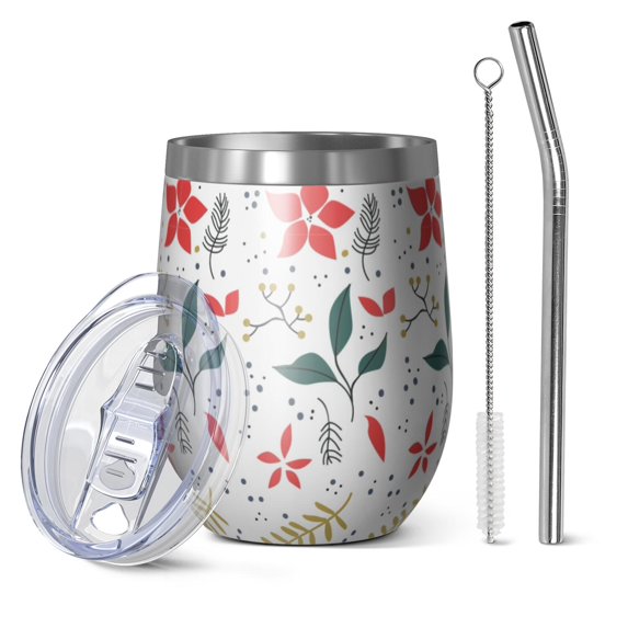 Floral 12oz Stainless Steel Insulated Wine Tumbler with Lid and Straw – Double Wall Vacuum Mug for Hot & Cold Drinks, 304 Steel Interior, Sweat-Free Design,Thanksgiving,Christmas, Spring,Flower