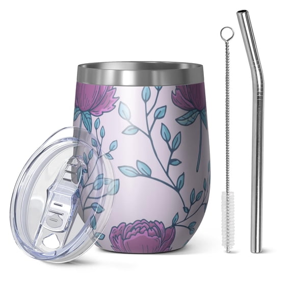 Floral 12oz Stainless Steel Insulated Wine Tumbler with Lid and Straw – Double Wall Vacuum Mug for Hot & Cold Drinks, 304 Steel Interior, Sweat-Free Design,Thanksgiving,Christmas, Spring,Flower
