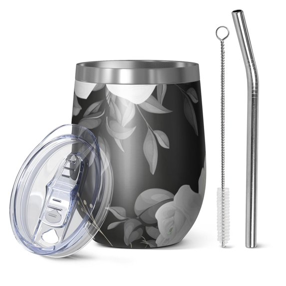 Floral 12oz Stainless Steel Insulated Wine Tumbler with Lid and Straw – Double Wall Vacuum Mug for Hot & Cold Drinks, 304 Steel Interior, Sweat-Free Design,Thanksgiving,Christmas, Spring,Flower