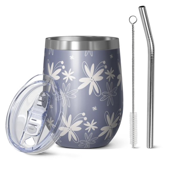 Floral 12oz Stainless Steel Insulated Wine Tumbler with Lid and Straw – Double Wall Vacuum Mug for Hot & Cold Drinks, 304 Steel Interior, Sweat-Free Design,Thanksgiving,Christmas, Spring,Flower