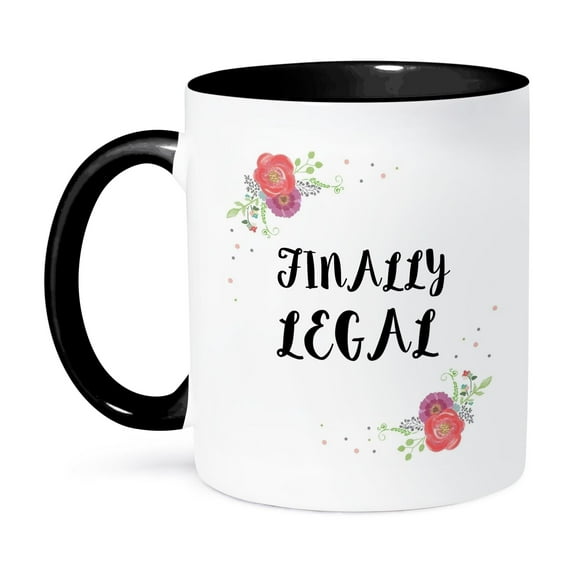 3drose, Floral 21 Finally Legal Pink Flowers Funny 21st Birthday Girl Humor, 15oz Two-tone Black Mug