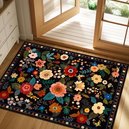 Floral 2x3 Area Rug Machine Washable Soft Print Boho Carpet Non Slip Doormat Low Pile Flower Area Rugs for Living Room Bedroom Nursery Kitchen Dining Room Indoor-Black