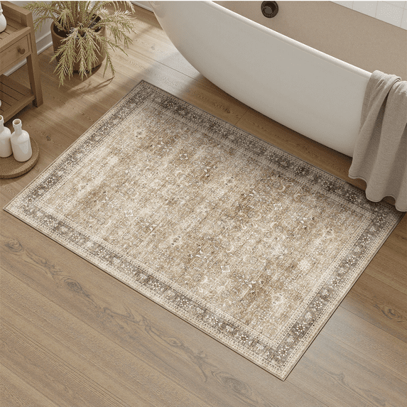 Floral 2x3 Entryway Rug, Machine Washable Soft Non Slip Vintage Floral Rug for Kitchen, Bathroom -Beige