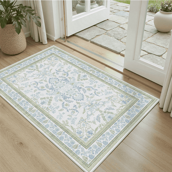 2x3 Rug, Machine Washable Soft Non Slip Vintage Floral Rug for Entryway, Kitchen, Bedroom, Bathroom-Green