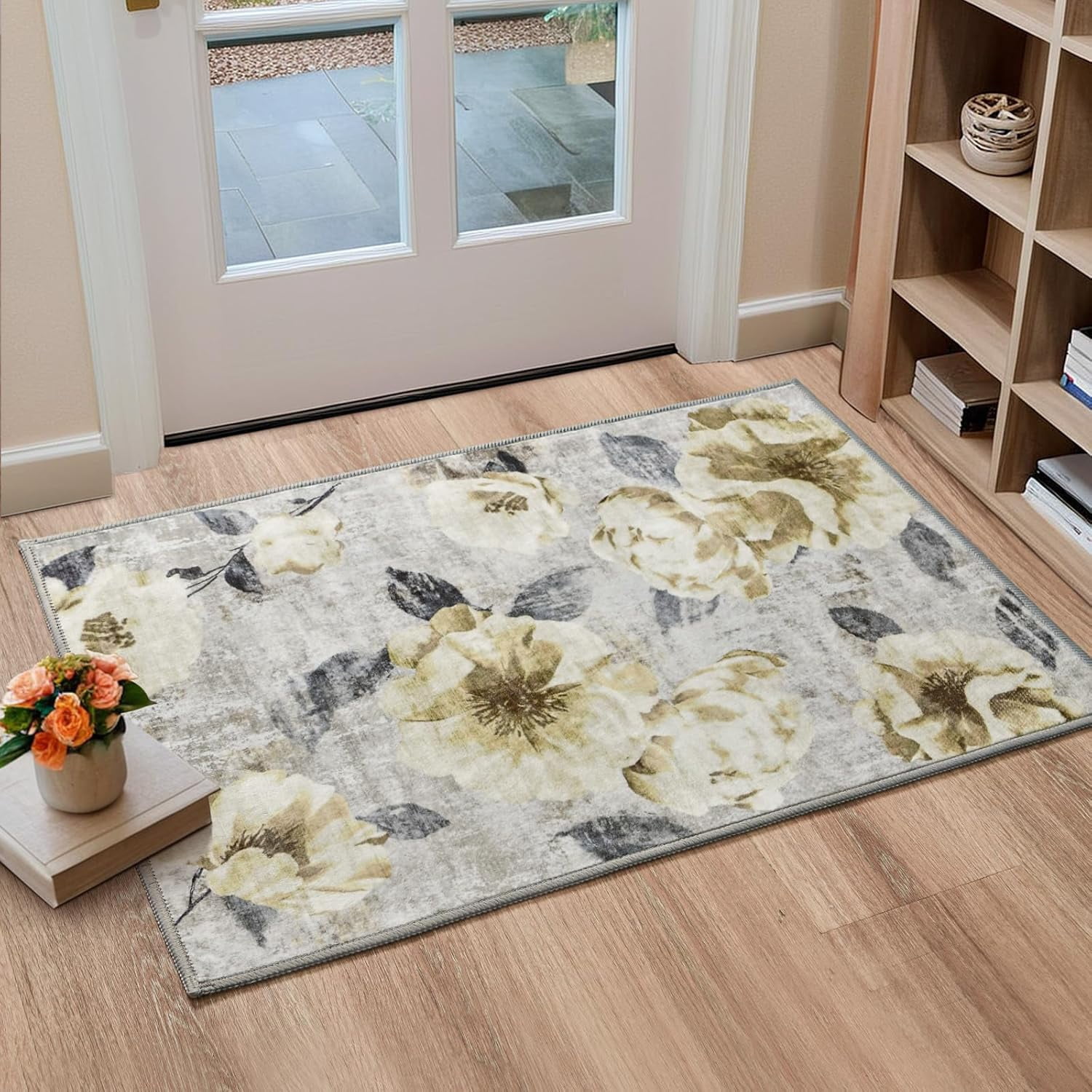 Floral 2x3 Washable Low Pile Rug Entrance Area Rug, Soft Small Non Slip ...