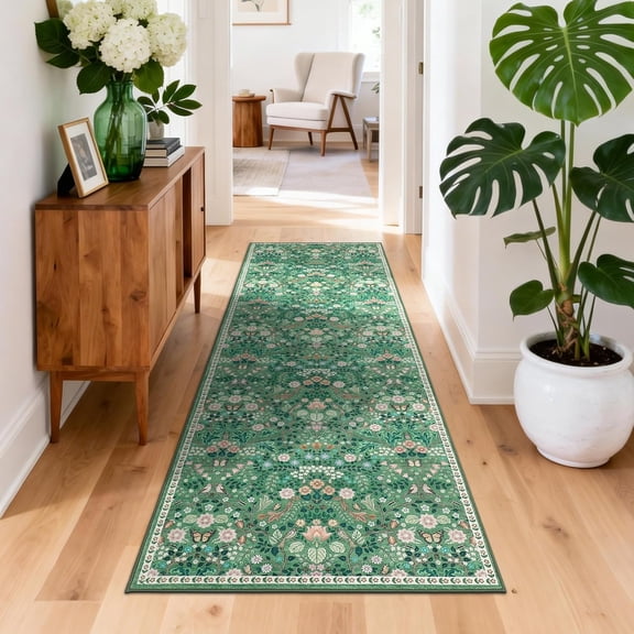 Floral 2x6 Kitchen Rugs, Washable Indoor Vintage Hallway Runner with Non Slip Back Low Pile Ultra Thin Oriental Throw Carpet Mat for Entryway Laundry Bedroom, Green