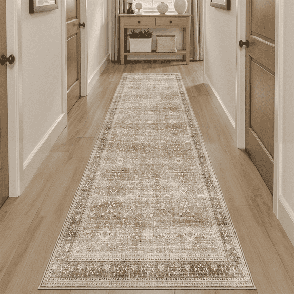 Floral 2x6 Runner Rug, Machine Washable with Flowers Non Slip Vintage Floral Backing Hallway Kitchen Runner Rug Soft Low Pile Stain Resistant -Beige