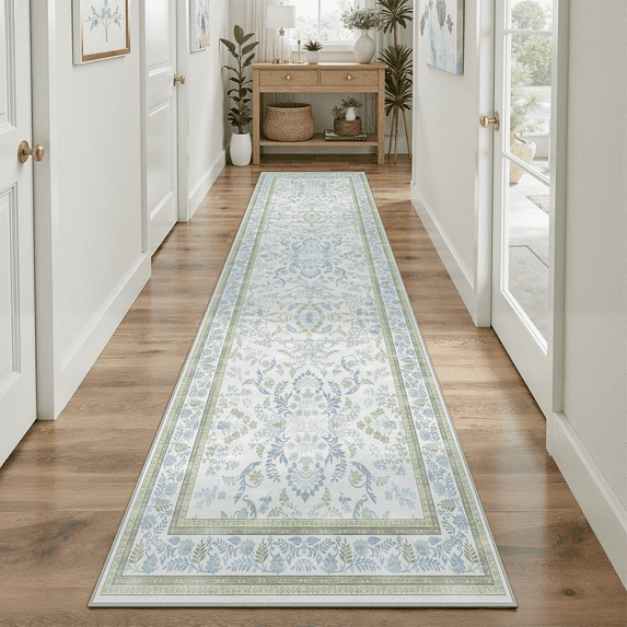 2x6 Runner Rug, Washable, Non-Slip, Stain-Resistant Low-Pile Vintage Floral Rug for Kitchen, Entryway, Passage, -Green/Blue