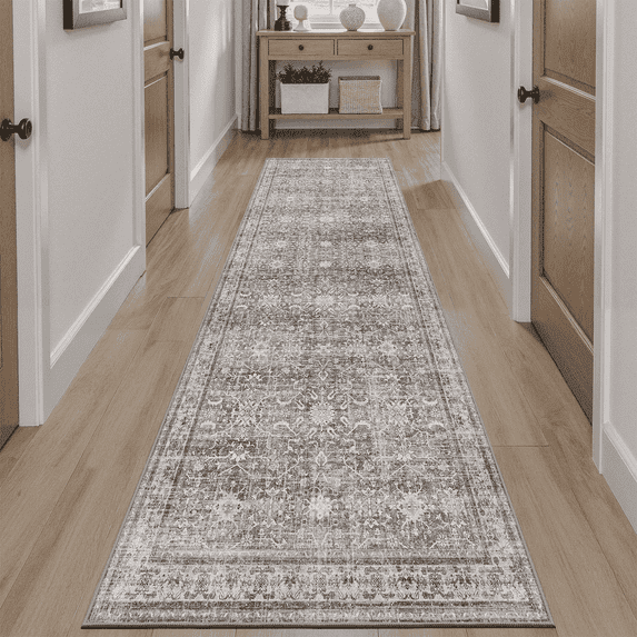 Floral 2x6 Runner Rug, Machine Washable with Flowers Non Slip Vintage Floral Backing Hallway Kitchen Runner Rug Soft Low Pile Stain Resistant -Grey