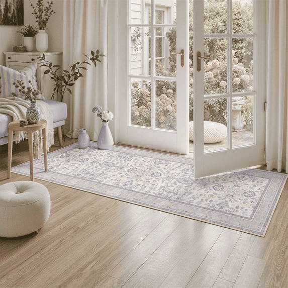 2x6 Runner Rug, Washable, Non-Slip, Stain-Resistant Low-Pile Vintage Floral Rug for Kitchen, Entryway, Passage, -Purple/Beige