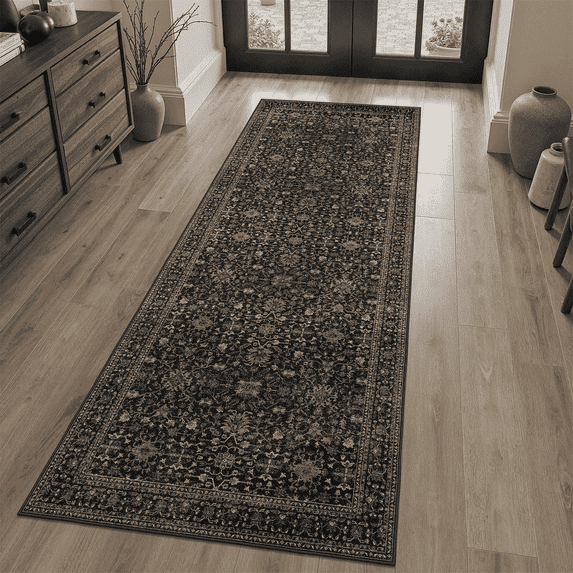Floral 2x6 Runner Rug, Machine Washable with Flowers Non Slip Vintage Floral Backing Hallway Kitchen Runner Rug Soft Low Pile Stain Resistant -black