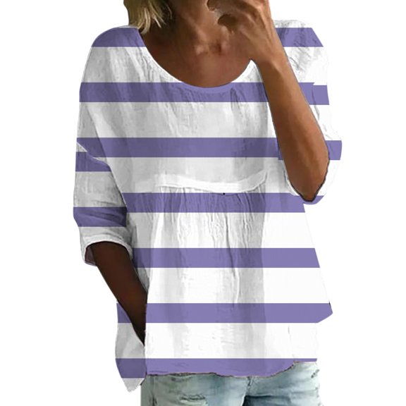 Floral 3/4 Sleeve Crewneck Tee, Women's Floral Print T Shirt Half Sleeved Round Neck Shirt 3/4 Sleeved T Shirt Loose Large Size T Shirt Purple, M