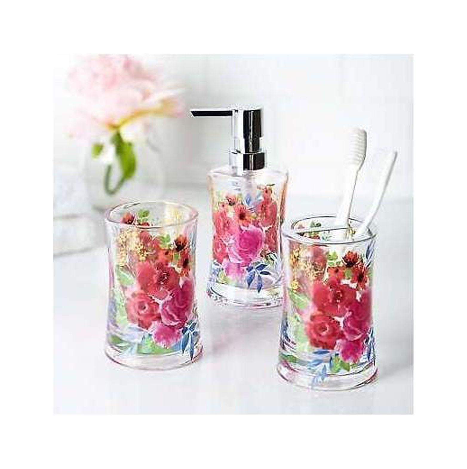 Floral 3Piece Glass Bathroom Accessory Set