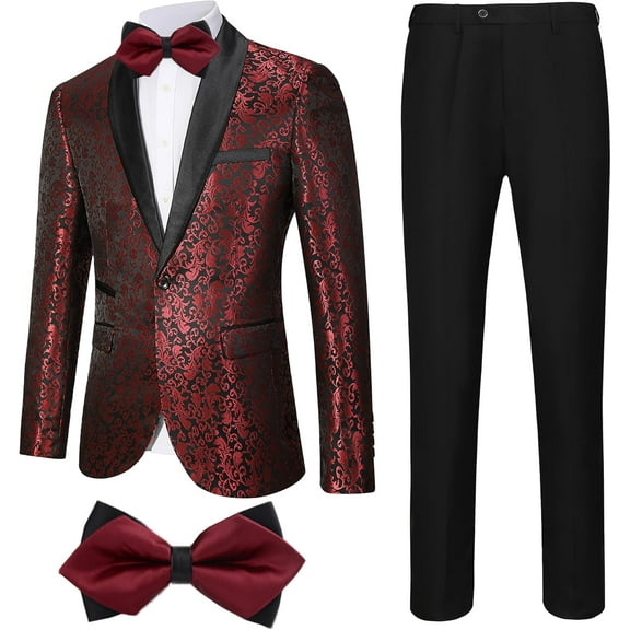 Floral 3 Piece Tuxedos Suits for Men Jacquard Tailored Fit Bow Tie Suits One Button Jacket Pants Party Prom Set