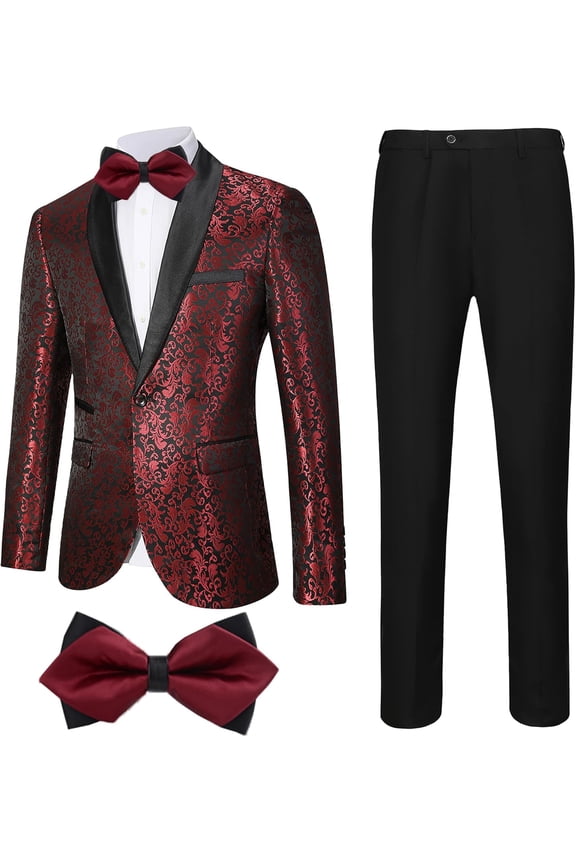 Floral 3 Piece Tuxedos Suits for Men Jacquard Tailored Fit Bow Tie Suits One Button Jacket Pants Party Prom Set