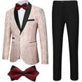 thumbnail image 1 of Floral 3 Piece Tuxedos Suits for Men Jacquard Tailored Fit Bow Tie Suits One Button Jacket Pants Party Prom Set, 1 of 5