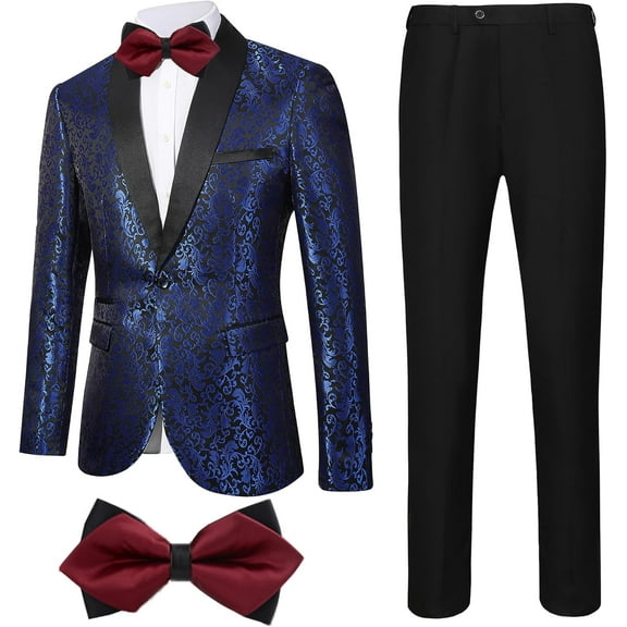 Floral 3 Piece Tuxedos Suits for Men Jacquard Tailored Fit Bow Tie Suits One Button Jacket Pants Party Prom Set