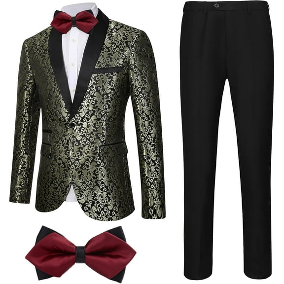 Floral 3 Piece Tuxedos Suits for Men Jacquard Tailored Fit Bow Tie Suits One Button Jacket Pants Party Prom Set
