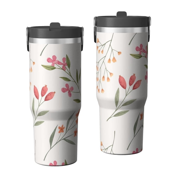 Floral 30oz Handheld Travel Tumbler with Handle – Double Wall Stainless Steel Insulated Cup, Flip Straw Lid, Leak-Proof & BPA-Free, Durable Hot & Cold Drink Mug,Thanksgiving, Xmas, Spring ,Flower