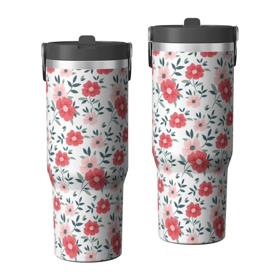 Floral 30oz Handheld Travel Tumbler with Handle – Double Wall Stainless Steel Insulated Cup, Flip Straw Lid, Leak-Proof & BPA-Free, Durable Hot & Cold Drink Mug,Thanksgiving, Xmas, Spring ,Flower