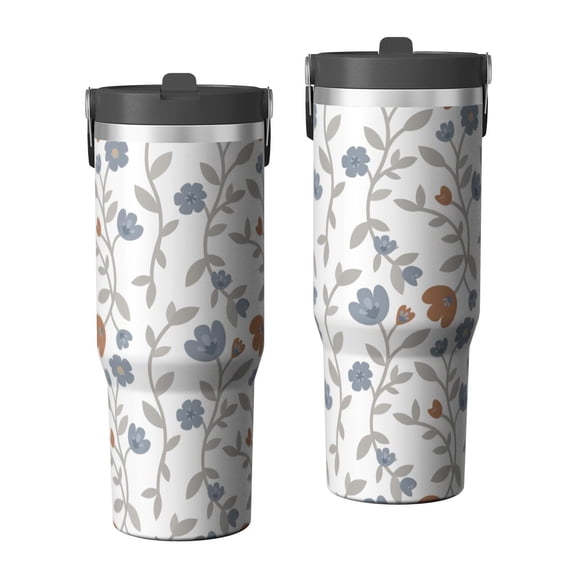 Floral 30oz Handheld Travel Tumbler with Handle – Double Wall Stainless Steel Insulated Cup, Flip Straw Lid, Leak-Proof & BPA-Free, Durable Hot & Cold Drink Mug,Thanksgiving, Xmas, Spring ,Flower