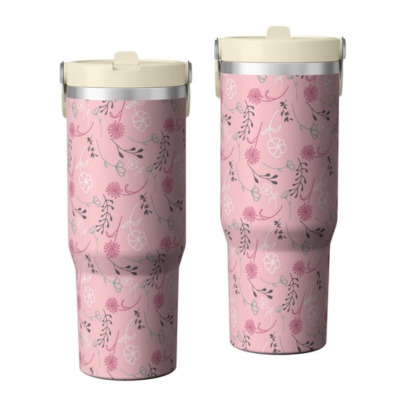Floral 30oz Handheld Travel Tumbler with Handle – Double Wall Stainless Steel Insulated Cup, Flip Straw Lid, Leak-Proof & BPA-Free, Durable Hot & Cold Drink Mug,Thanksgiving, Xmas, Spring ,Flower