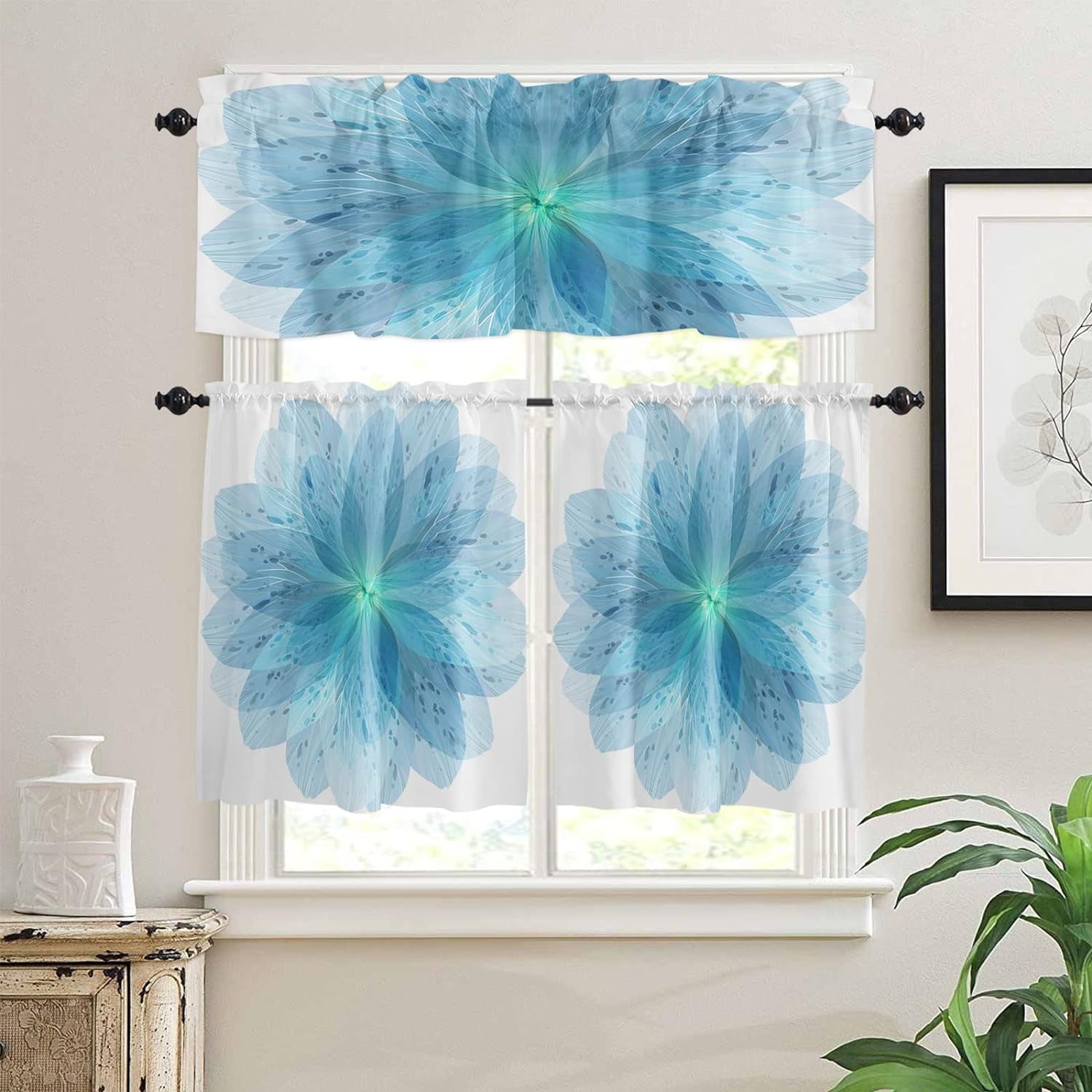 Floral 3pcs Kitchen Curtain Valance and Tiers Set, Small Window