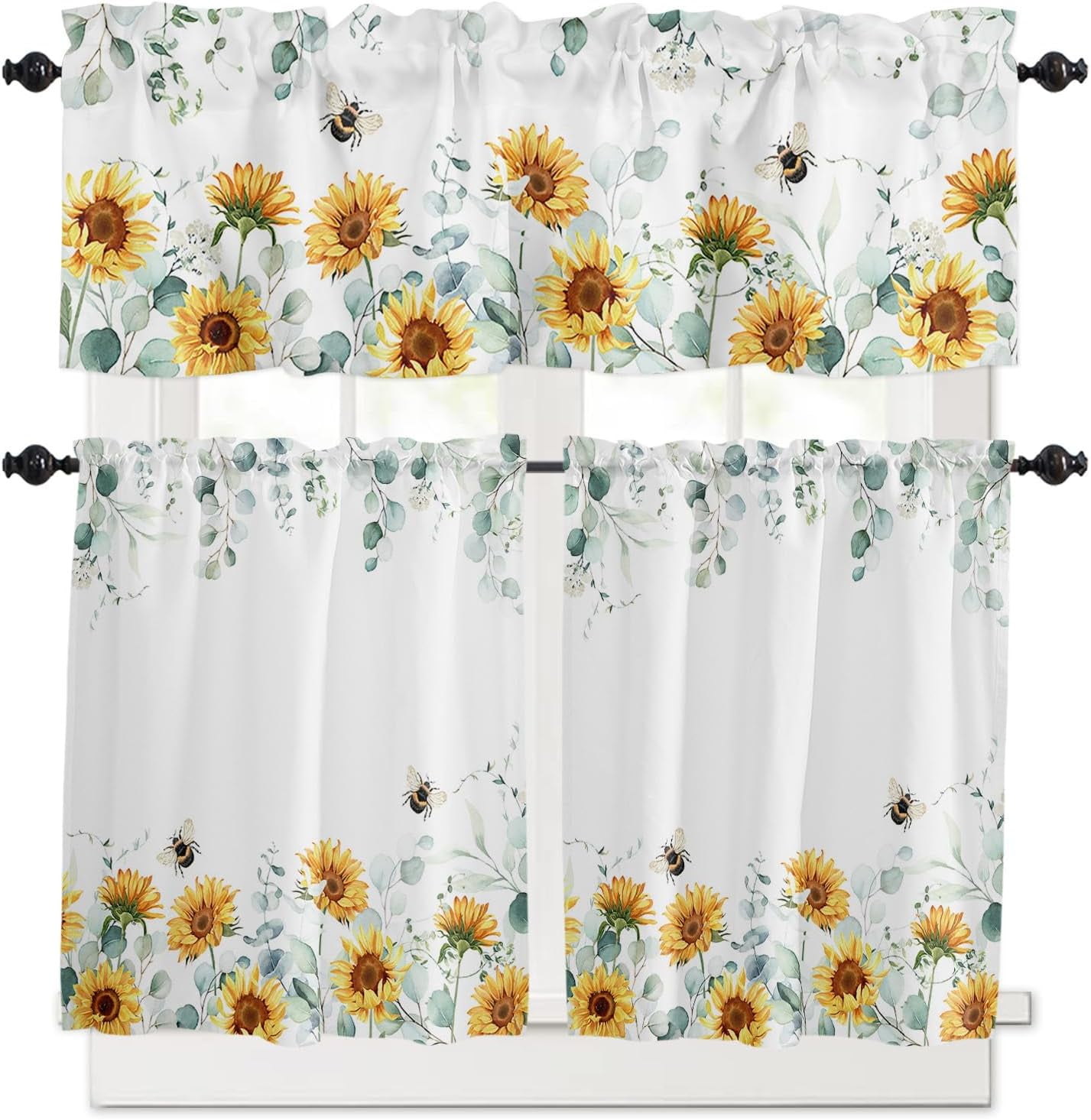 Floral 3pcs Kitchen Curtain Valance and Tiers Set, Small Window