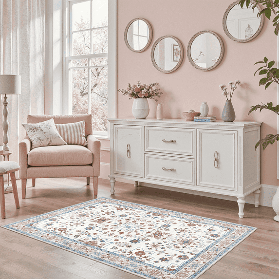 3x5 Washable Rug, Non Slip Stain-Resistant Low-Pile Vintage Boho Floral Rugs for Entryway, Kitchen, Bedroom, Bedside, Laundry, Bathroom-Pink