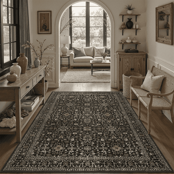 Floral 3x5 Area Rug, Machine Washable Soft Non Slip Vintage Floral Rug for Entryway, Kitchen, Bedroom, Laundry, Bathroom -black