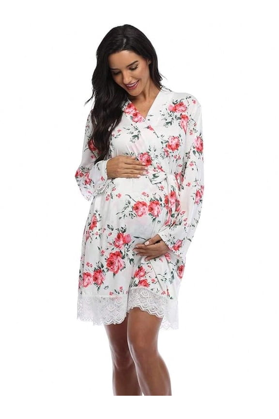 Floral #4 Maternity Wrap Robe With Lace Hem - Soft Knit Nursing Sleepwear For Pregnant Women