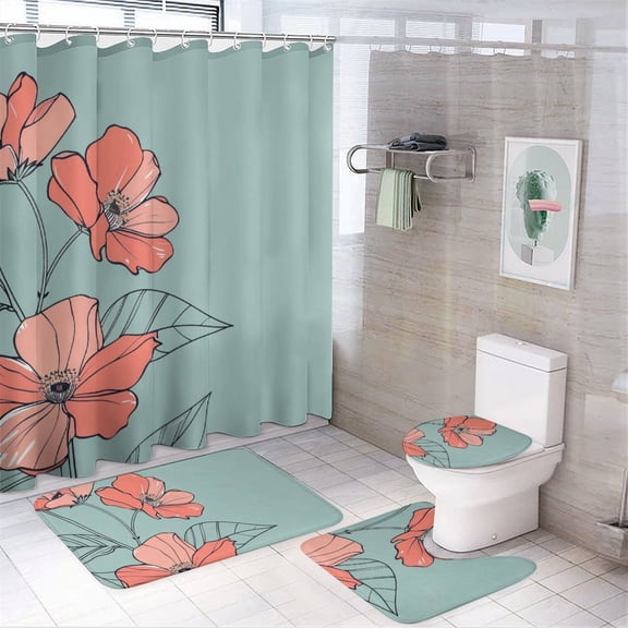 Floral 4 Pcs Bathroom Shower Curtain Set, Bathroom Sets with Rugs (Bath Mat, U Shape and Toilet Lid Cover Mat) and 12 Hooks,