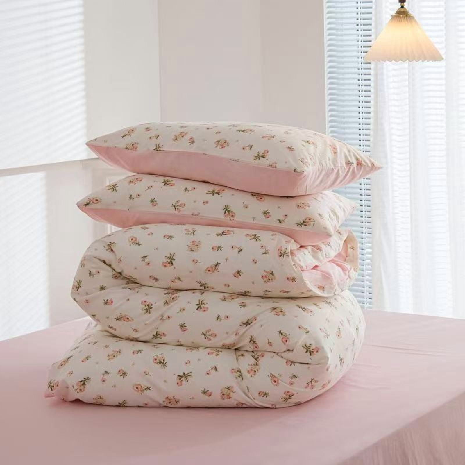 Floral 4 Piece Girls Toddler Bed Comforter Set Pink Flower Reversible Toddler Bedding Set Soft Baby Crib Bed Sheets Set in a Bag | Include Quilt Comforter,Flat Sheet,Fitted Sheet,Pillowcase