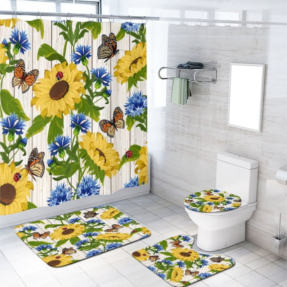 Floral 4 Pieces Shower Curtain Set with Non-Slip Rug Sunflower Wildflower Green Leaves Butterfly on Rustic Wooden Door with Non-Slip Rugs Toilet Lid Cover and Bath Mat Bathroom Decor Set, 72x72 Inch