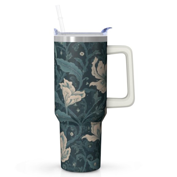 Floral 40 oz Insulated Tumbler with Handle and Straw, Elegant Dark Flower Mug for Travel or Work