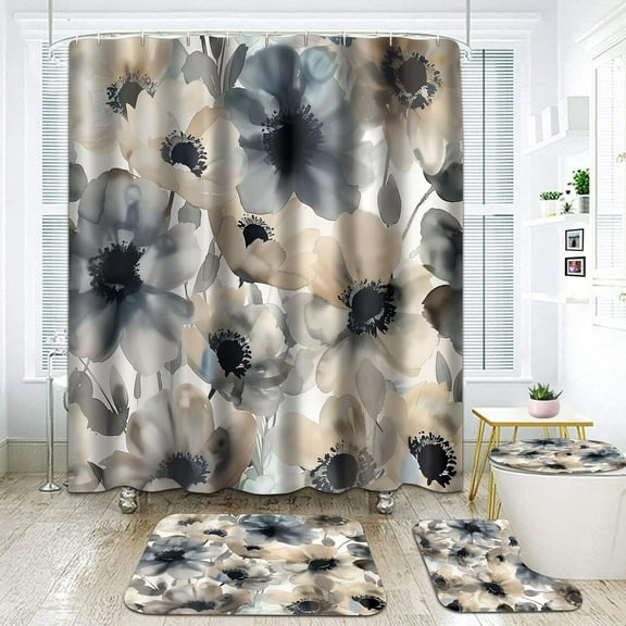 Floral 4PCS Shower Curtain Sets-Tulips Butterfly Bathroom Set Accessories with Non-slip Rug,Toilet Lid Cover, Bath Mat,12 Hooks-72x72in-Flower Bloom Spring Curtains-Home Decor Adult Gift