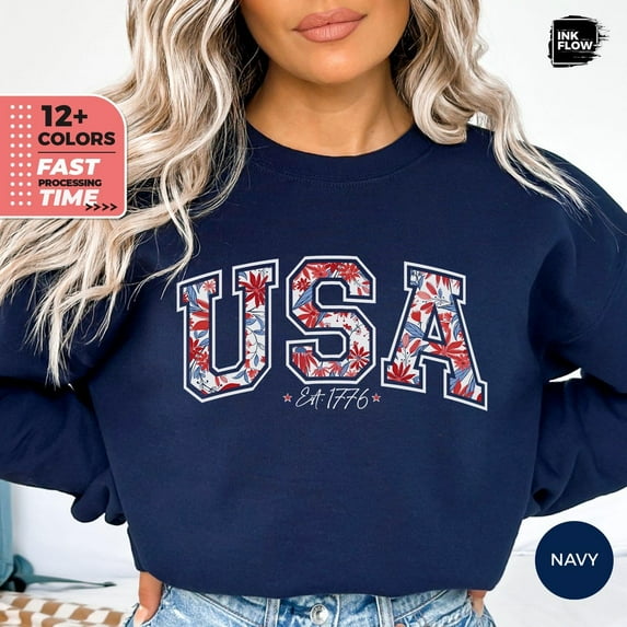 Floral 4th of July USA Sweatshirt, 4th of July Varsity Hoodie, Patriotic Sweater, Red White Blue Top, Vintage America Wildflowers TSHIRT All Size S-5XL