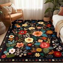 Floral 5x7 Area Rug Machine Washable Soft Print Boho Carpet Non Slip Doormat Low Pile Flower Area Rugs for Living Room Bedroom Kitchen Dining Room Indoor-Black