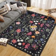 Floral 5x7 Area Rug Machine Washable Soft Print Boho Carpet Non Slip Low Pile Flower Area Rugs for Living Room Bedroom Dining Room Black
