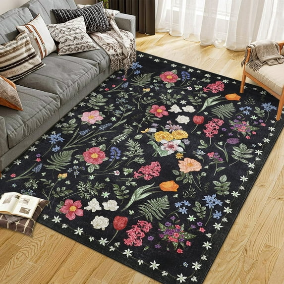 Floral 5x7 Area Rug Machine Washable Soft Print Boho Carpet Non Slip Low Pile Flower Area Rugs for Living Room Bedroom Dining Room Black