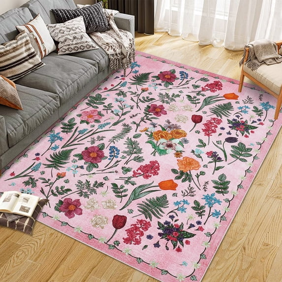 Floral 5x7 Area Rug Machine Washable Soft Print Boho Carpet Non Slip Low Pile Flower Area Rugs for Living Room Bedroom Dining Room Pink