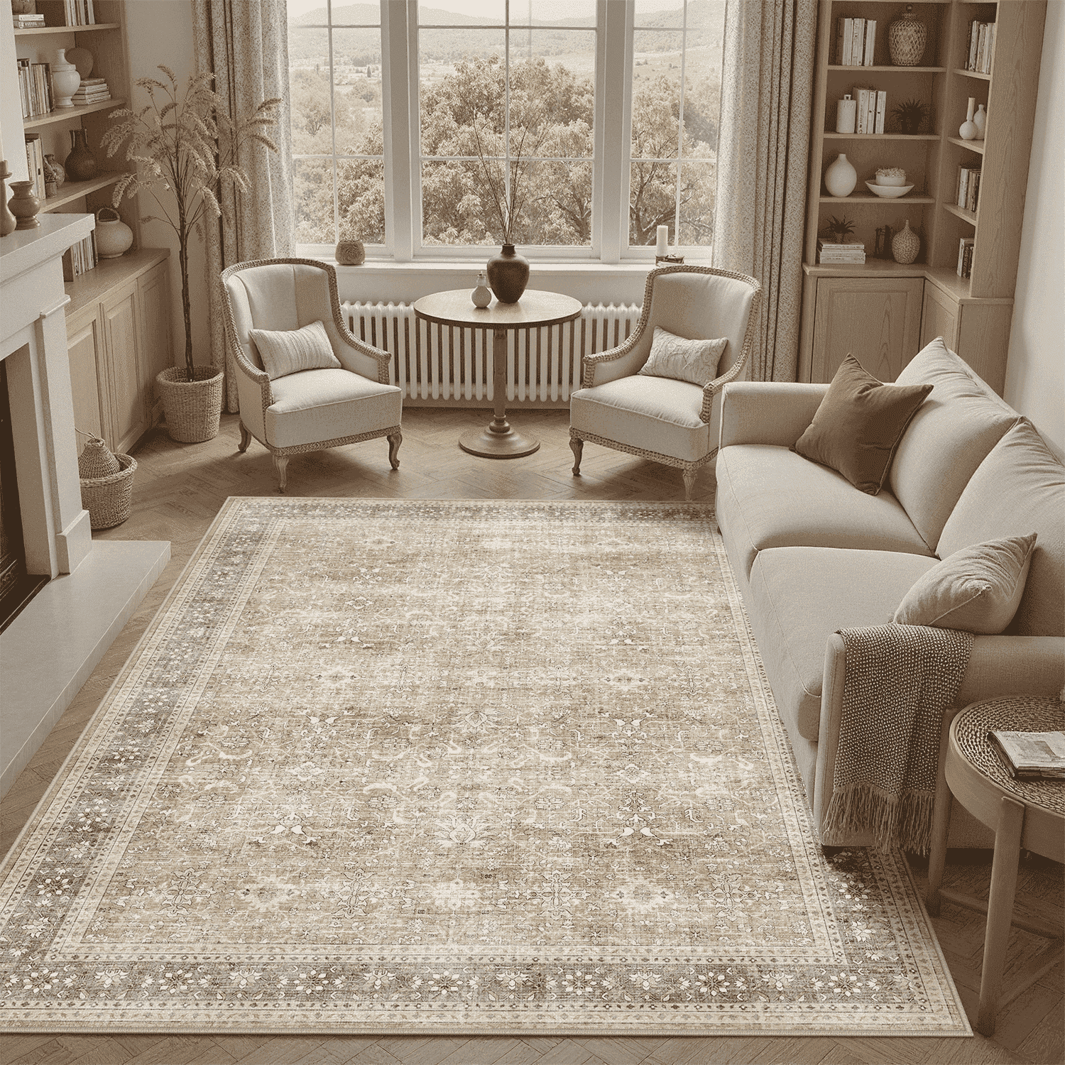 Floral 5x7 Area Rug, Machine Washable, Soft Vintage Floral Rug Non Slip Stain Resistant for Living Room, Bedroom, Dining Room -Beige