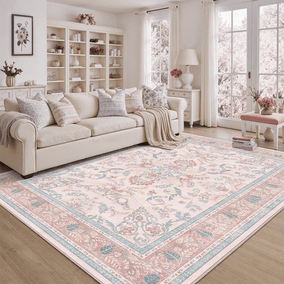 Floral 5x7 Area Rug, Machine Washable, Soft Vintage Floral Rug Non Slip Stain Resistant for Living Room, Bedroom, Dining Room -Pink