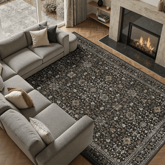 Floral 5x7 Area Rug, Machine Washable, Soft Vintage Floral Rug Non Slip Stain Resistant for Living Room, Bedroom, Dining Room -black